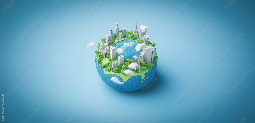 Poster an isometric 3d rendering of a mini globe with lush greenery and city structures, representing urban