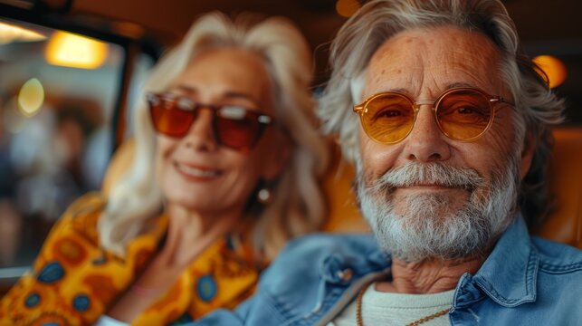 In their chic ensembles, an elderly couple radiates joy and style, showcasing their unending zest for life together.