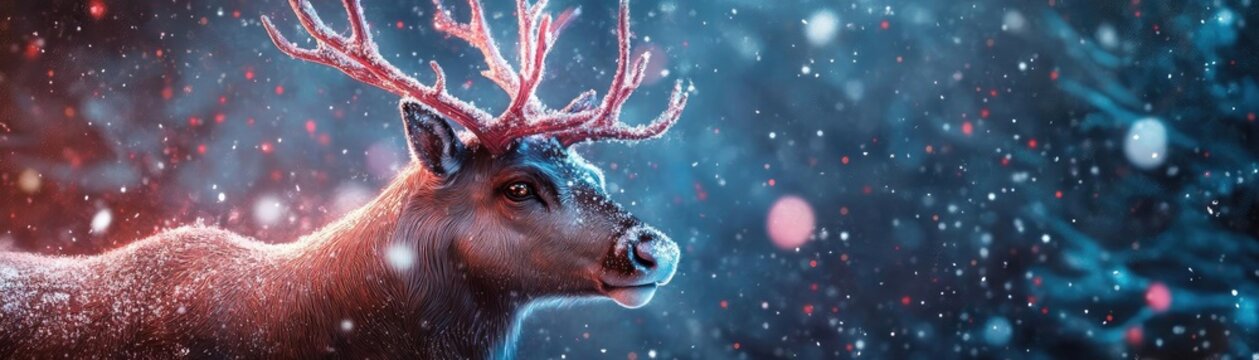 A majestic reindeer stands gracefully in a snowy forest, surrounded by twinkling lights and gentle snowfall, capturing winter's beauty.