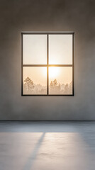Sunrise streaming through a large window in a minimalist interior space, creating warm light and shadows on the floor