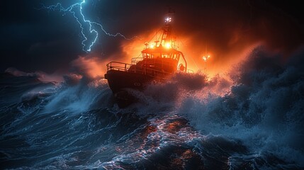 Fototapeta premium The rescue vessel challenges the wrath of the stormy sea, confronting mighty waves with unyielding resolve in its crucial mission to save lives.