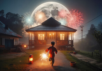 Little boy in front of the house with fireworks