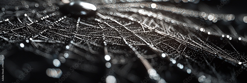 Poster silver particles intricately connect to form a captivating web-like structure, shimmering against a 