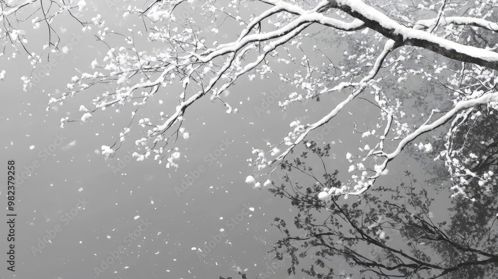Poster a serene winter scene showcasing snow-covered branches and soft snowflakes gently falling on a calm 