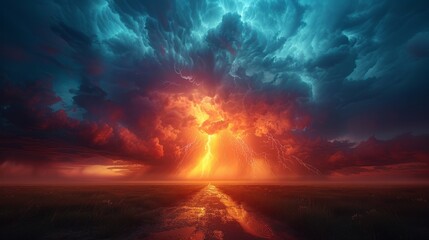 Obraz premium A painting of a road running through a vast field under a stormy sky with lightning and rain