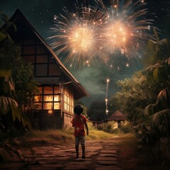 Little boy in front of the house with fireworks