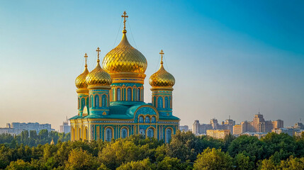 Fototapeta premium Golden domed orthodox church towers over the urban skyline
