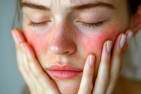 Young Woman with Red Irritated Skin &ndash; Rosacea or Sensitive Skin Concept