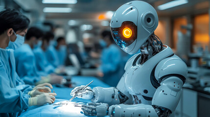 Fototapeta premium High-tech surgical robot is conducting a procedure, wielding a scalpel with its robotic arm as surgeons look on in the background