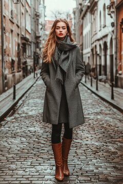 Mysterious woman in long coat walking on cobblestone street in historic European city