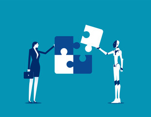 Robot. Businessman build a jigsaw puzzle together with a robot, Artificial intelligence supports business success