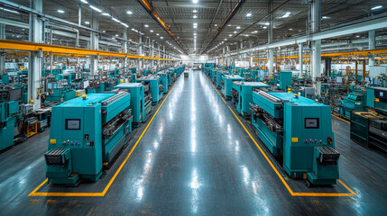 Wide shot of many industrial machines working inside a well-lit factory building