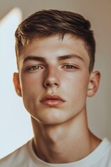 Obraz premium Pensive Young Man in Casual Attire Against Neutral Background