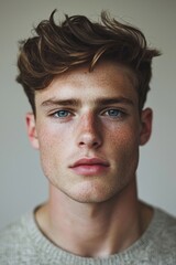 Obraz premium Pensive Young Man in Modern Portrait with Intense Gaze and Thoughtful Expression