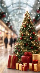 Crowded holiday shopping mall filled with cheerful shoppers and festive decorations