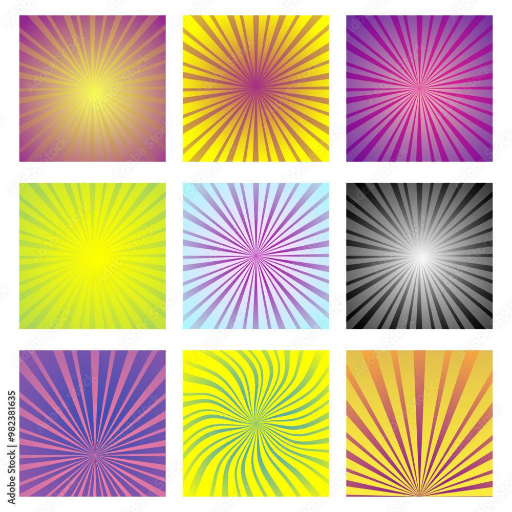 Poster sun rays backgrounds set of different colors and shapes. abstract sunburst retro style background co