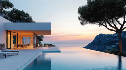 minimalist villa with sea in dawn . AI generative.