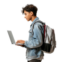 Side view of a young man with a backpack using a laptop, isolated on a white background. Ideal for technology and education themes.