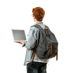 Student with a backpack using a laptop, standing and typing while focused on the screen. Casual attire, back view, isolated on white background.