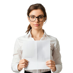 Young professional woman holding a blank paper sheet, wearing glasses, business attire. Isolated on a white background.