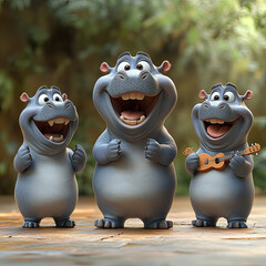 Fototapeta premium Cartoon hippo character singing and playing music