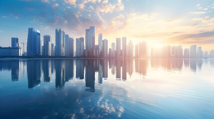 Fototapeta premium Stunning Coastal City with Tall Skyscrapers Reflecting in Calm Waters at Sunrise