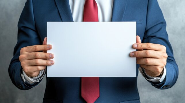 A man in a suit and tie holding up blank paper, AI