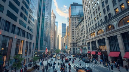 Bustling Financial District with Towering Skyscrapers and Busy Streets