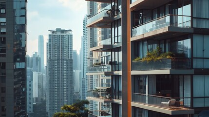 Panoramic View of Tall Residential Skyscrapers with Large Windows and Balconies in a Modern City Skyline