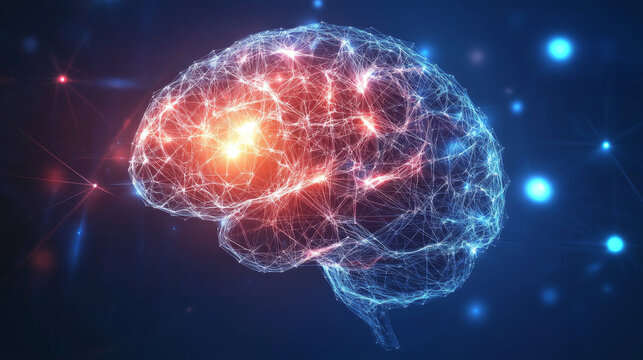 Glowing polygonal human brain with highlighted areas on dark blue background. 