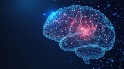 Glowing polygonal human brain with highlighted areas on dark blue background. 