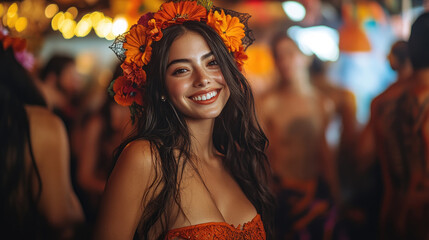 A joyful young woman wears a vibrant orange dress and a floral crown, radiating happiness amidst the festive atmosphere filled with colorful lights