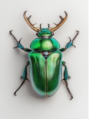 A vibrant green beetle with striking antlers, showcasing intricate details and vivid colors, ideal for nature and entomology themes.