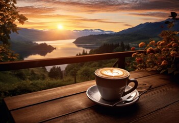 coffee cup on wood table in the mountains with sunset background