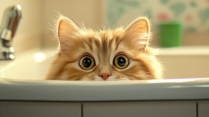 Curious cat peeking from a bathtub, showcasing wide eyes and playful expression in a cozy indoor setting.