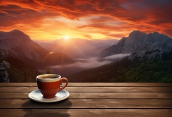 coffee cup on wood table in the mountains with sunset background