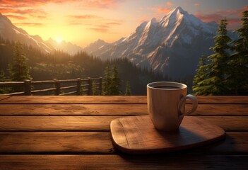 coffee cup on wood table in the mountains with sunset background