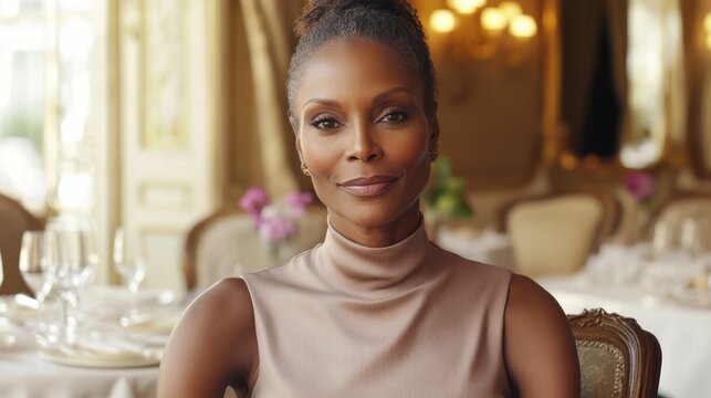 Elegant African American Woman in Upscale Restaurant Setting