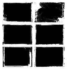 Set of grunge distressed overlay black rectangular frames with white edges, vector illustration.