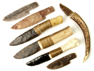 Stone Age Knives with Flintstone and Obsidian Blade isolated on white Background