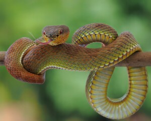 Potrait Manggrove pit viper closeup head on branch ready to attack, Trimeresurus purpureomaculatus,...