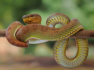 Potrait Manggrove pit viper closeup head on branch ready to attack, Trimeresurus purpureomaculatus, 19 September 2024 Indonesia