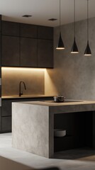 A modern kitchen with a minimalist design.	
