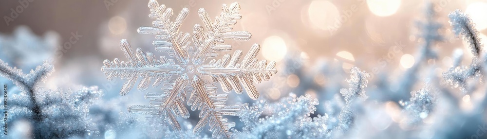 Poster A close-up of a delicate snowflake resting on frost-covered ground, capturing the essence of winter's beauty and tranquility.