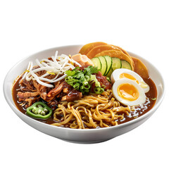 Delicious bowl of ramen with soft-boiled eggs, crisp veggies, and juicy meat in a tasty broth, ideal for a satisfying meal
