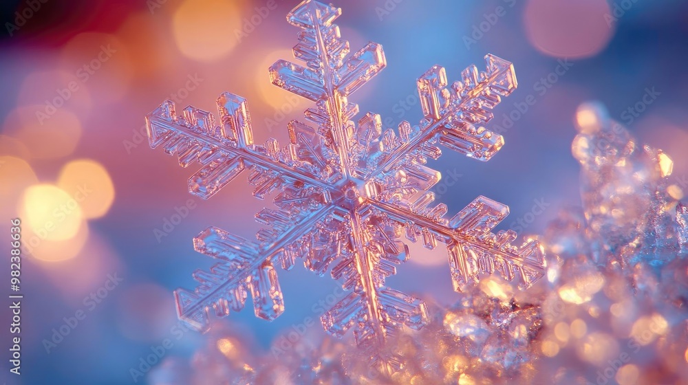 Poster Close-up of a stunning snowflake glistening with delicate frost, surrounded by colorful bokeh lights for a magical winter atmosphere.