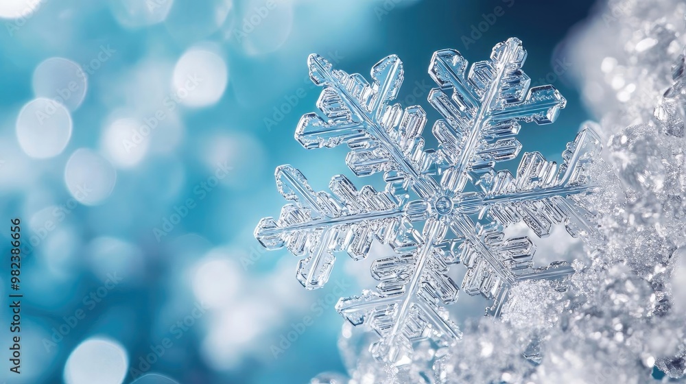 Poster Close-up of a delicate snowflake resting on shimmering ice, showcasing intricate patterns against a blurred blue background.