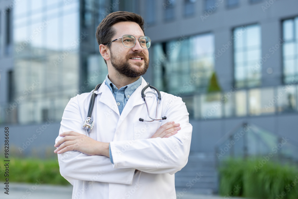 Wall mural close-up photo of a young smiling and successful male doctor and scientist standing proudly outside 