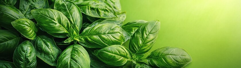 Fototapeta premium Fresh basil leaves on a green background, perfect for culinary uses, herbal remedies, and vibrant food presentations.