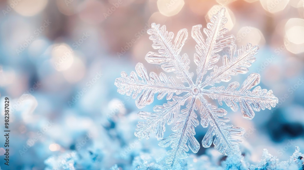 Poster A close-up view of a beautiful snowflake resting on soft blue snow, showcasing intricate details and sparkling icicles.